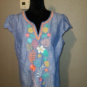 Talbots Chambray Linen Blend Colorful Embroidered Peasant Top Size Large